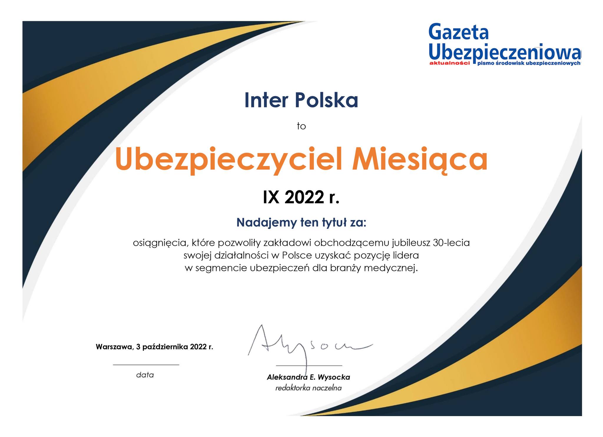 Tytuł UBEZPIECZYCIEL MIESIĄCA we wrześniu 2022 r.